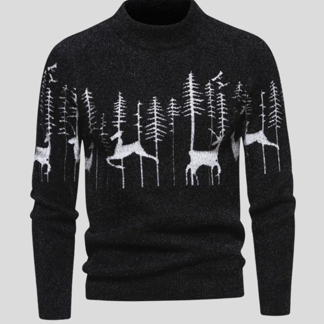 Men's Reindeer Forest Knit Mock-Neck Christmas Jumper - Black