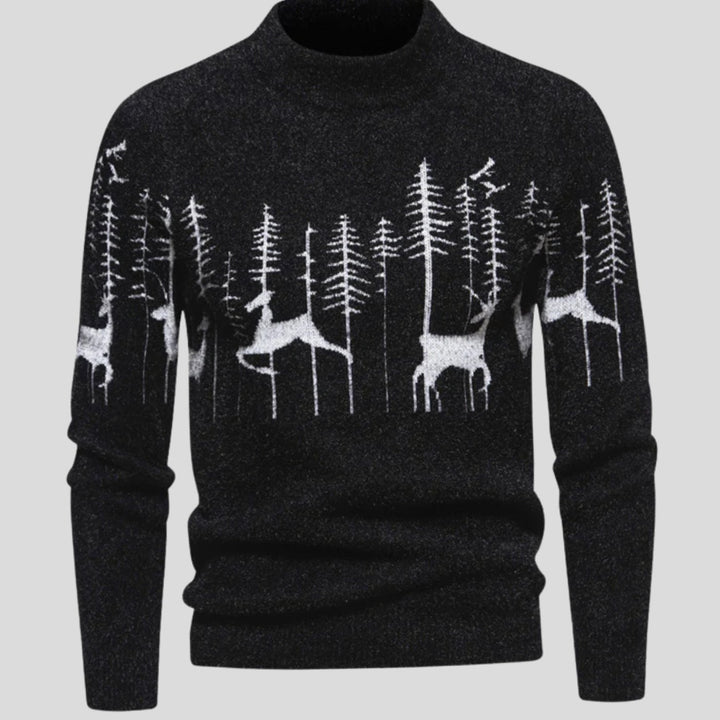 Men's Reindeer Forest Knit Mock-Neck Christmas Jumper - Black