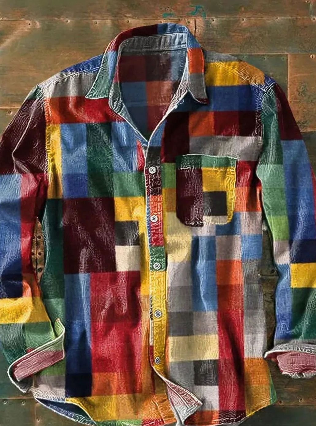 Men's Relaxed-Fit Colourblock Patchwork Long-Sleeve Shirt, Multicolour - Multicolour