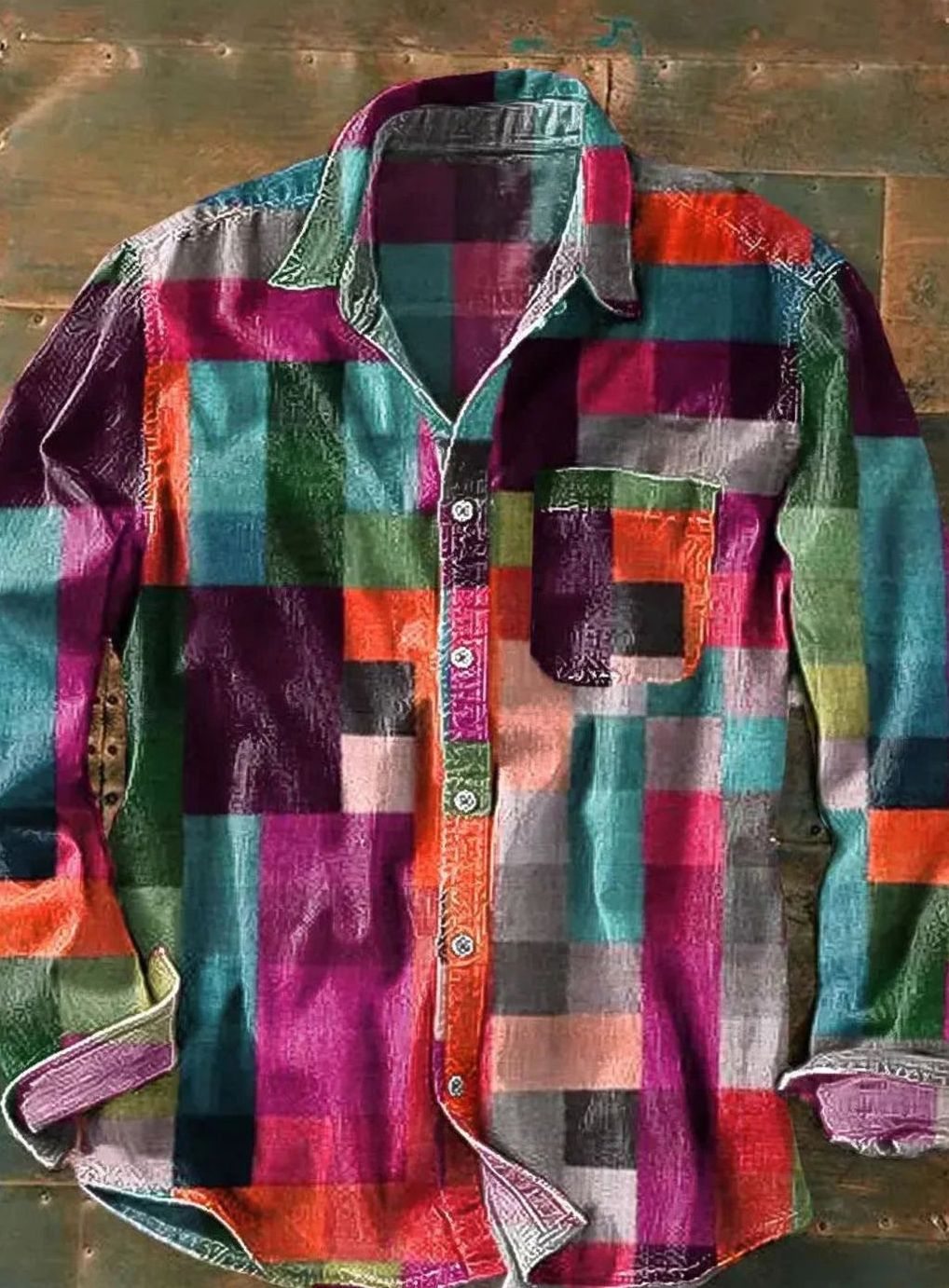 Men's Relaxed-Fit Colourblock Patchwork Long-Sleeve Shirt, Multicolour - Pink
