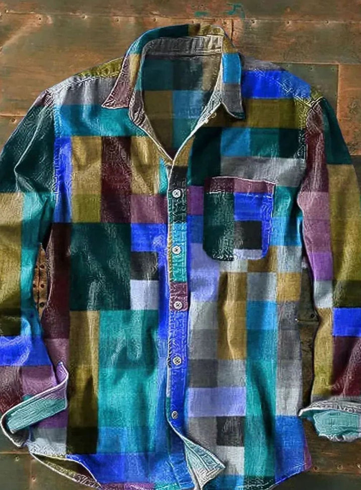 Men's Relaxed-Fit Colourblock Patchwork Long-Sleeve Shirt, Multicolour - Blue