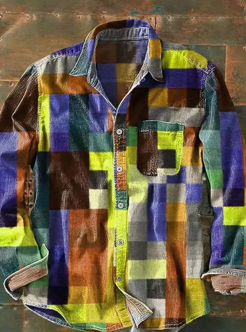 Men's Relaxed-Fit Colourblock Patchwork Long-Sleeve Shirt, Multicolour - Yellow