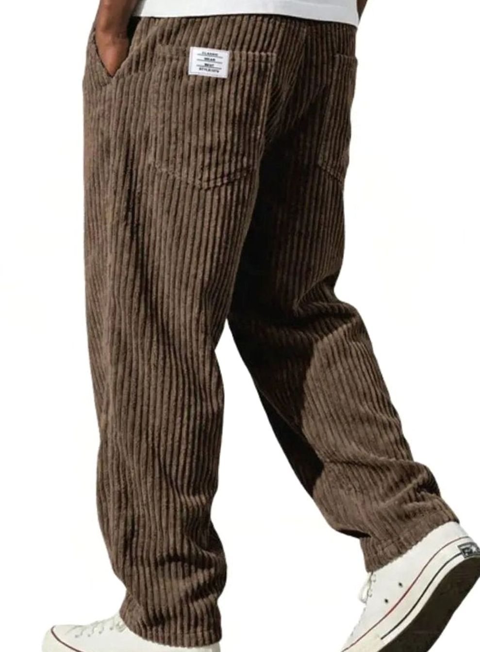 Men's Relaxed-Fit Elasticated Waist Straight-Leg Corduroy Trousers - Brown