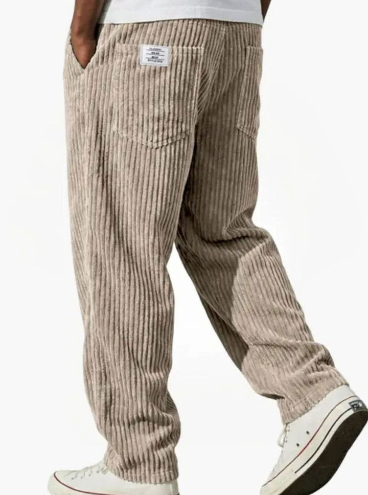 Men's Relaxed-Fit Elasticated Waist Straight-Leg Corduroy Trousers - Khaki