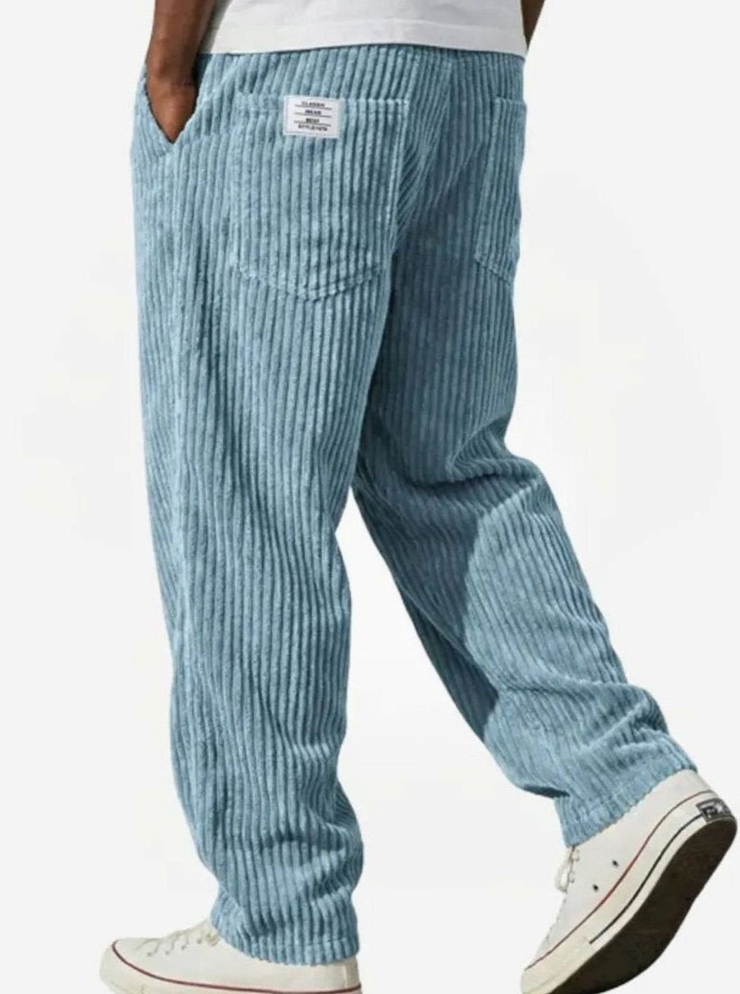 Men's Relaxed-Fit Elasticated Waist Straight-Leg Corduroy Trousers - Light Blue