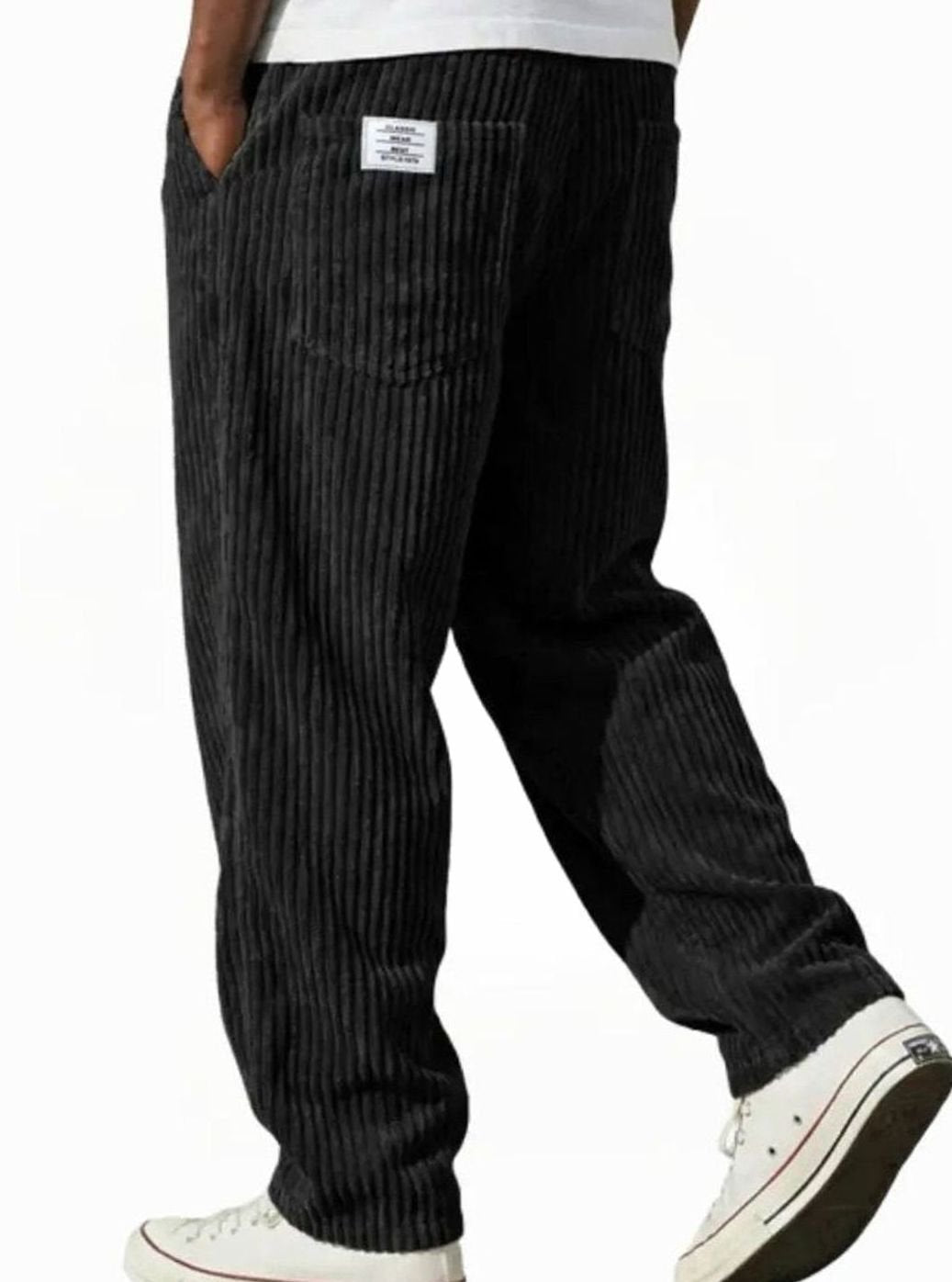 Men's Relaxed-Fit Elasticated Waist Straight-Leg Corduroy Trousers - Black