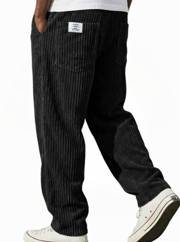 Men's Relaxed-Fit Elasticated Waist Straight-Leg Corduroy Trousers - Black