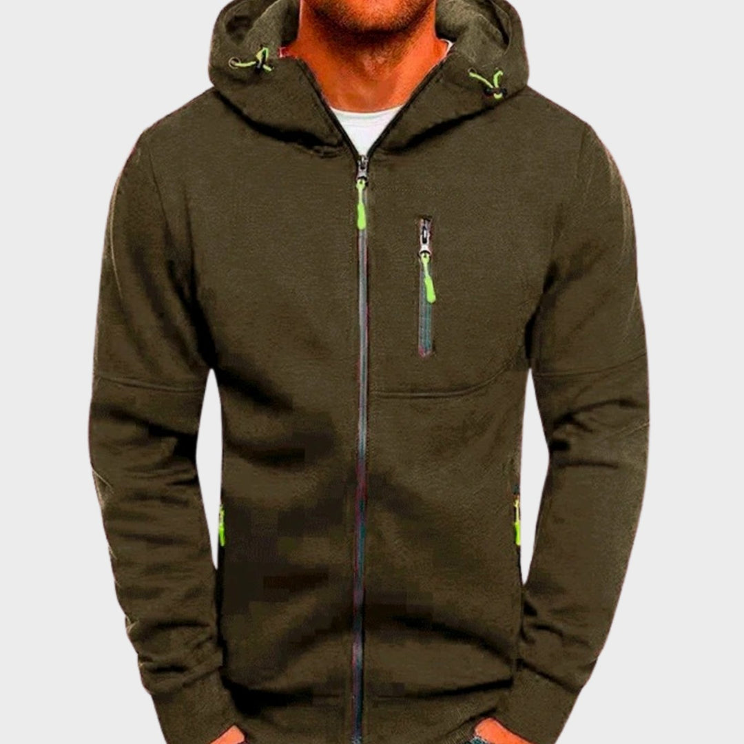 Men's Relaxed-Fit Full-Zip Hooded Sweatshirt Neon Detail - Olive Green