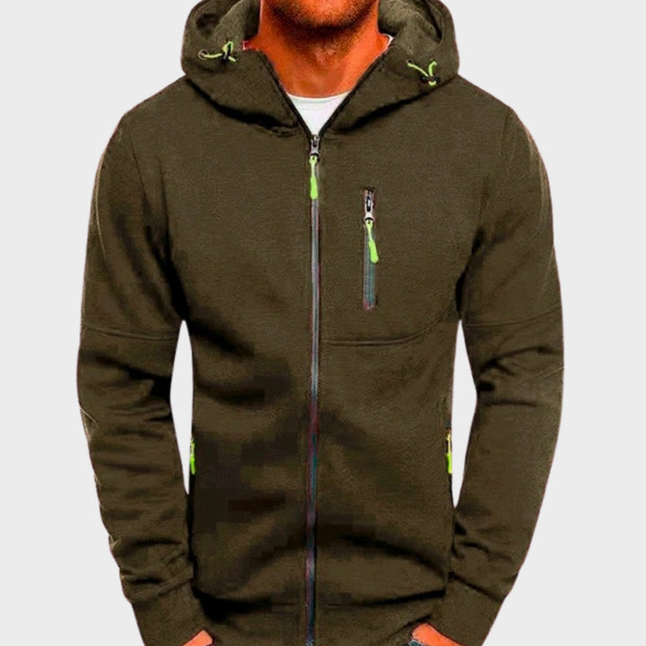 Men's Relaxed-Fit Full-Zip Hooded Sweatshirt Neon Detail - Olive Green