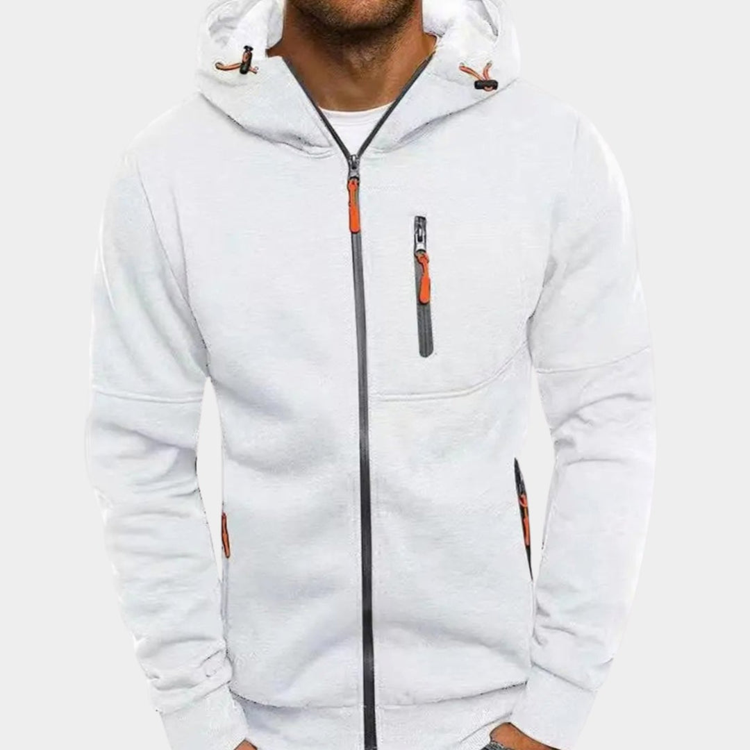 Men's Relaxed-Fit Full-Zip Hooded Sweatshirt Neon Detail - White