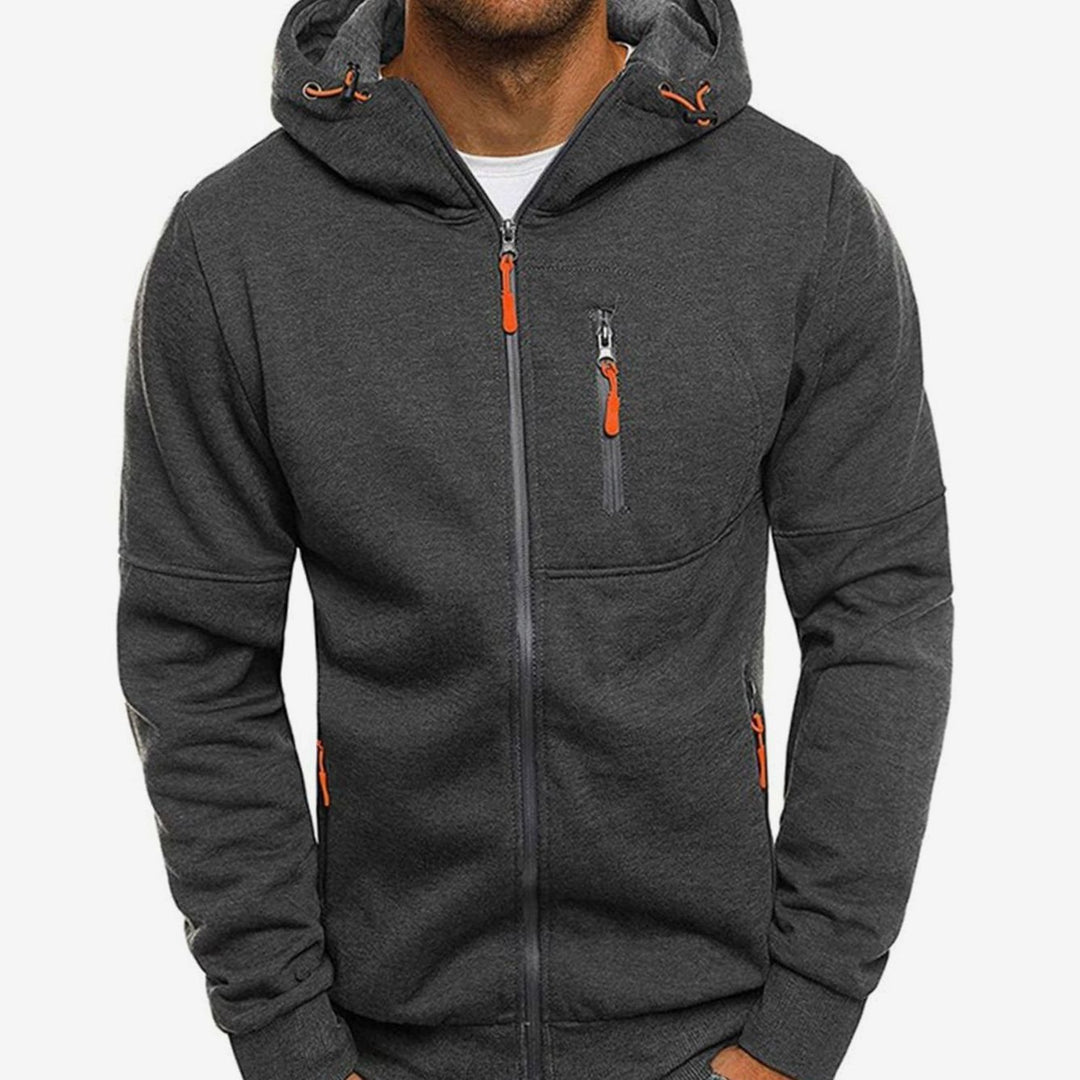Men's Relaxed-Fit Full-Zip Hooded Sweatshirt Neon Detail - Dark Grey