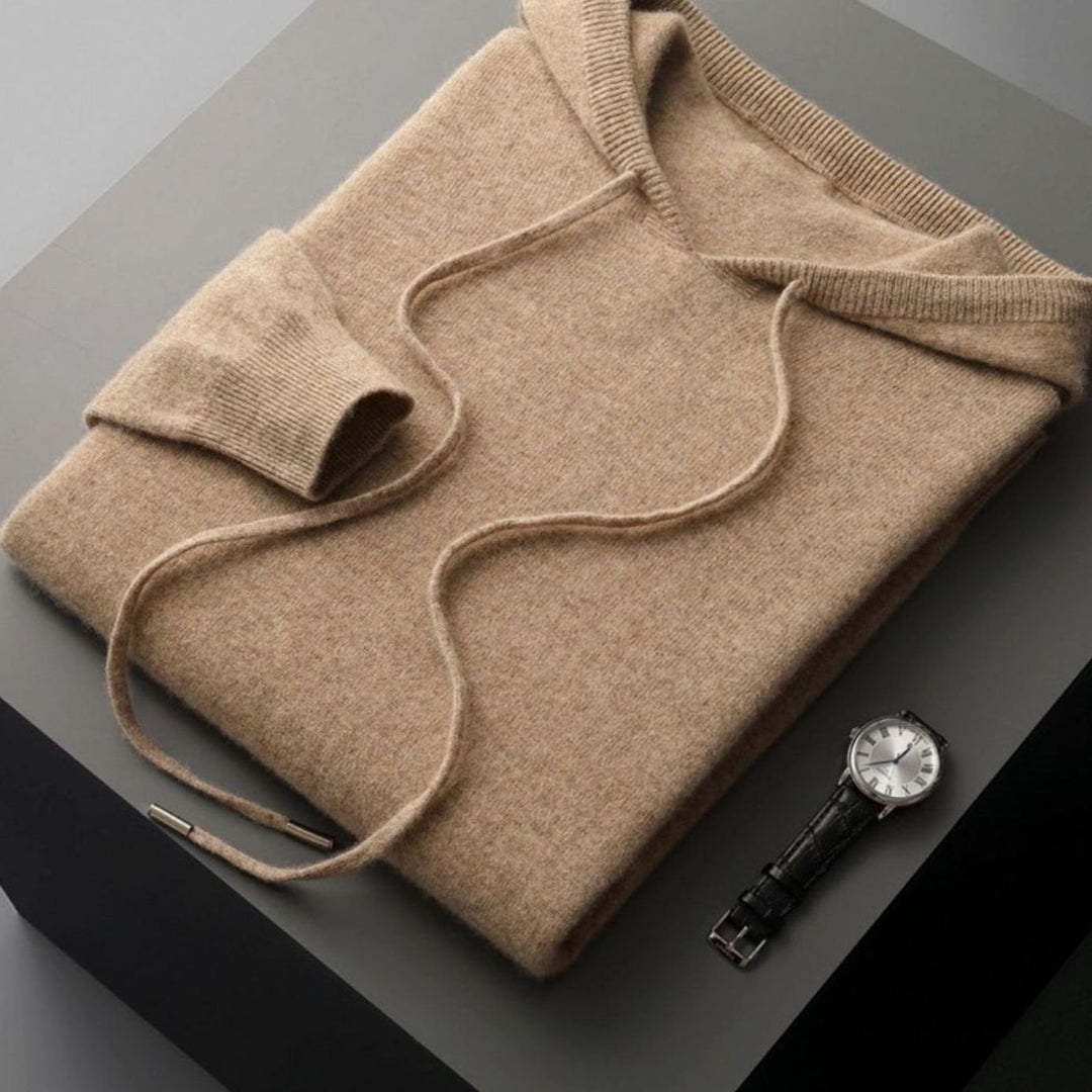 Men's Relaxed-Fit Knit Drawstring Hooded Jumper - Beige