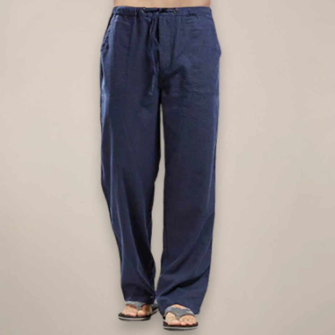 Men's Relaxed-Fit Linen Drawstring Casual Trousers - Navy Blue