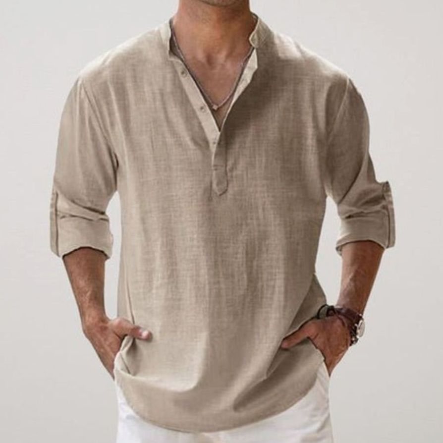 Men's Relaxed-Fit Linen Henley Long-Sleeve Shirt - Khaki