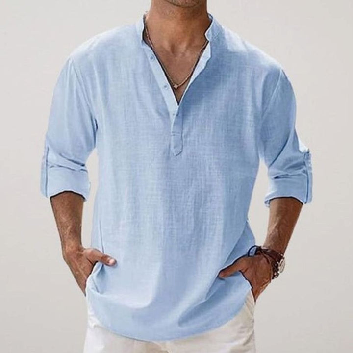 Men's Relaxed-Fit Linen Henley Long-Sleeve Shirt - Light Blue