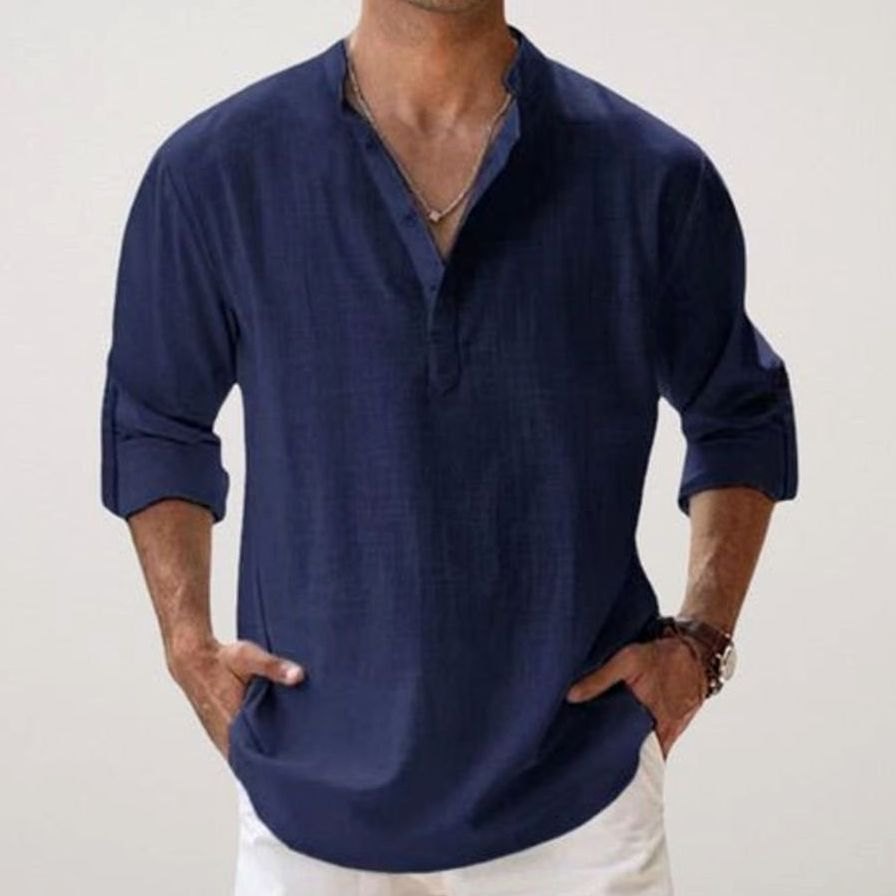 Men's Relaxed-Fit Linen Henley Long-Sleeve Shirt - Navy