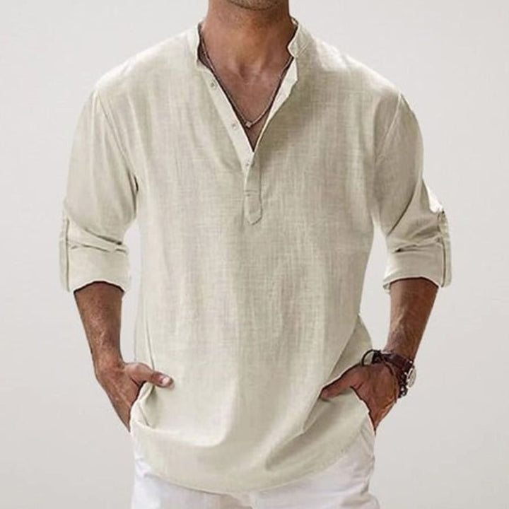 Men's Relaxed-Fit Linen Henley Long-Sleeve Shirt - Beige
