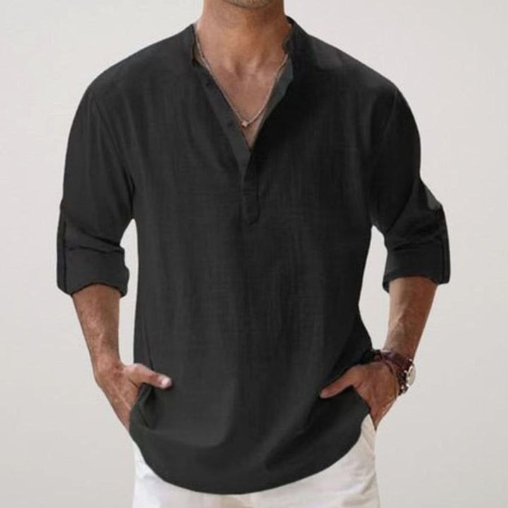 Men's Relaxed-Fit Linen Henley Long-Sleeve Shirt - Black