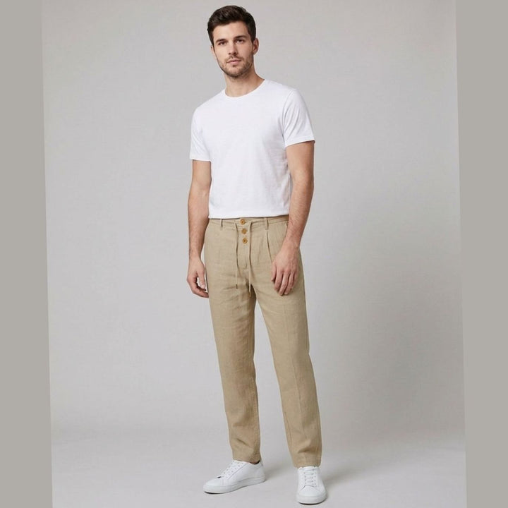 Men's Relaxed-Fit Linen Pleated Drawstring Trousers - Khaki