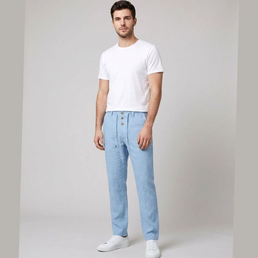 Men's Relaxed-Fit Linen Pleated Drawstring Trousers - Light Blue