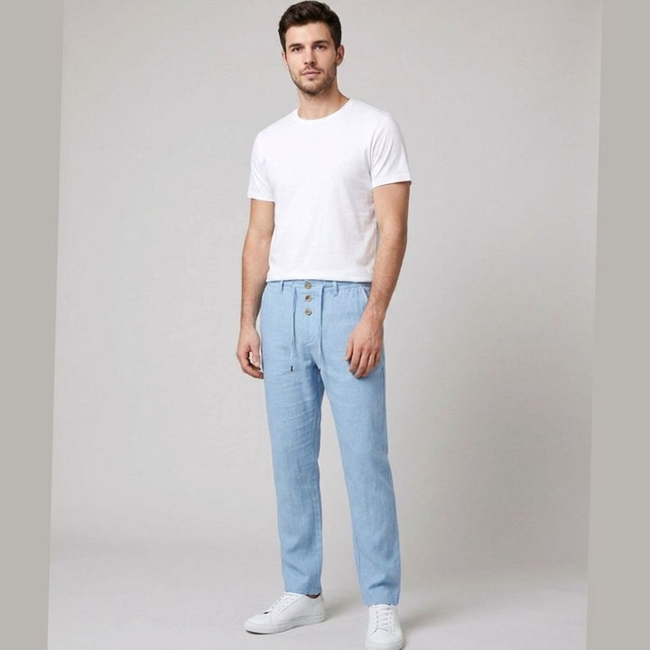 Men's Relaxed-Fit Linen Pleated Drawstring Trousers - Light Blue
