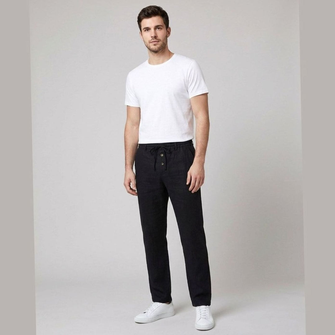 Men's Relaxed-Fit Linen Pleated Drawstring Trousers - Black