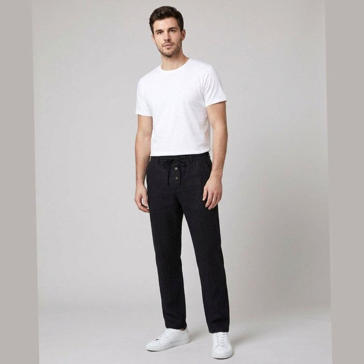 Men's Relaxed-Fit Linen Pleated Drawstring Trousers - Black