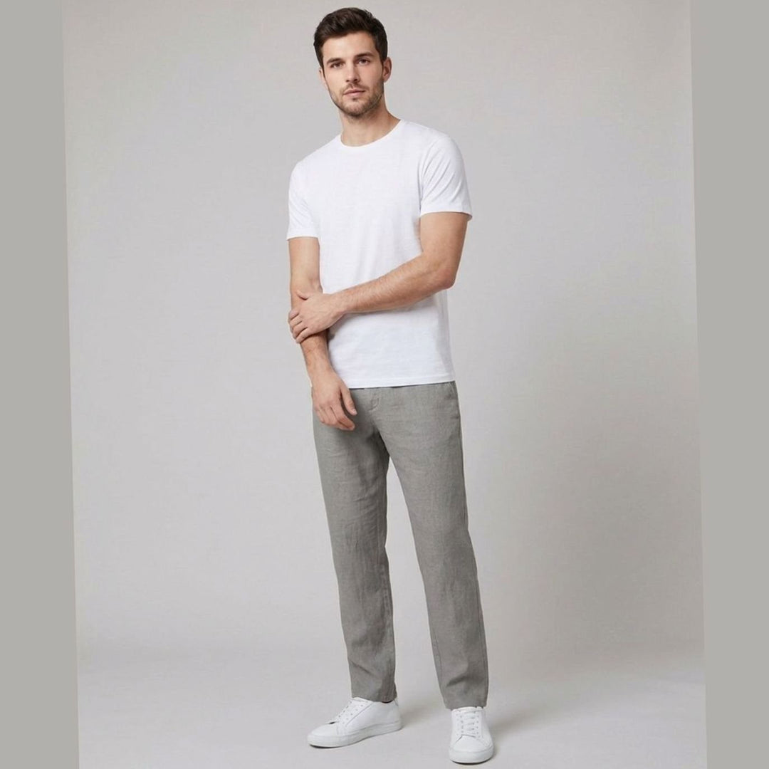 Men's Relaxed-Fit Linen Pleated Drawstring Trousers - Grey