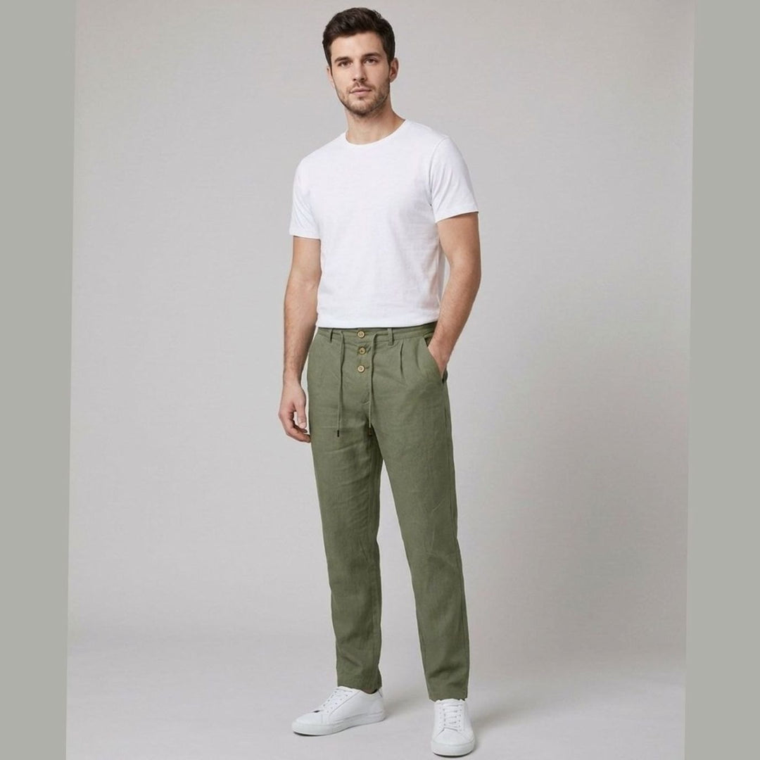 Men's Relaxed-Fit Linen Pleated Drawstring Trousers - Army Green