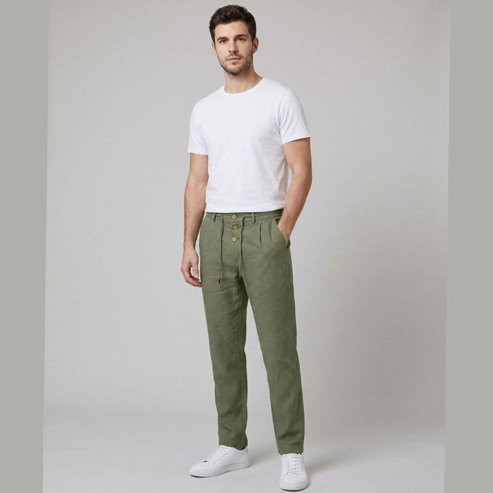 Men's Relaxed-Fit Linen Pleated Drawstring Trousers - Army Green