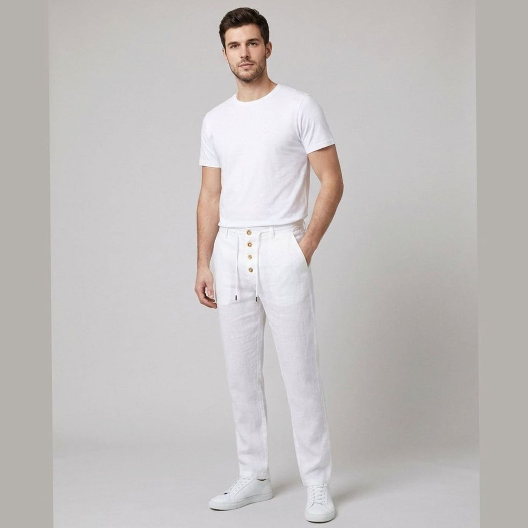Men's Relaxed-Fit Linen Pleated Drawstring Trousers - White