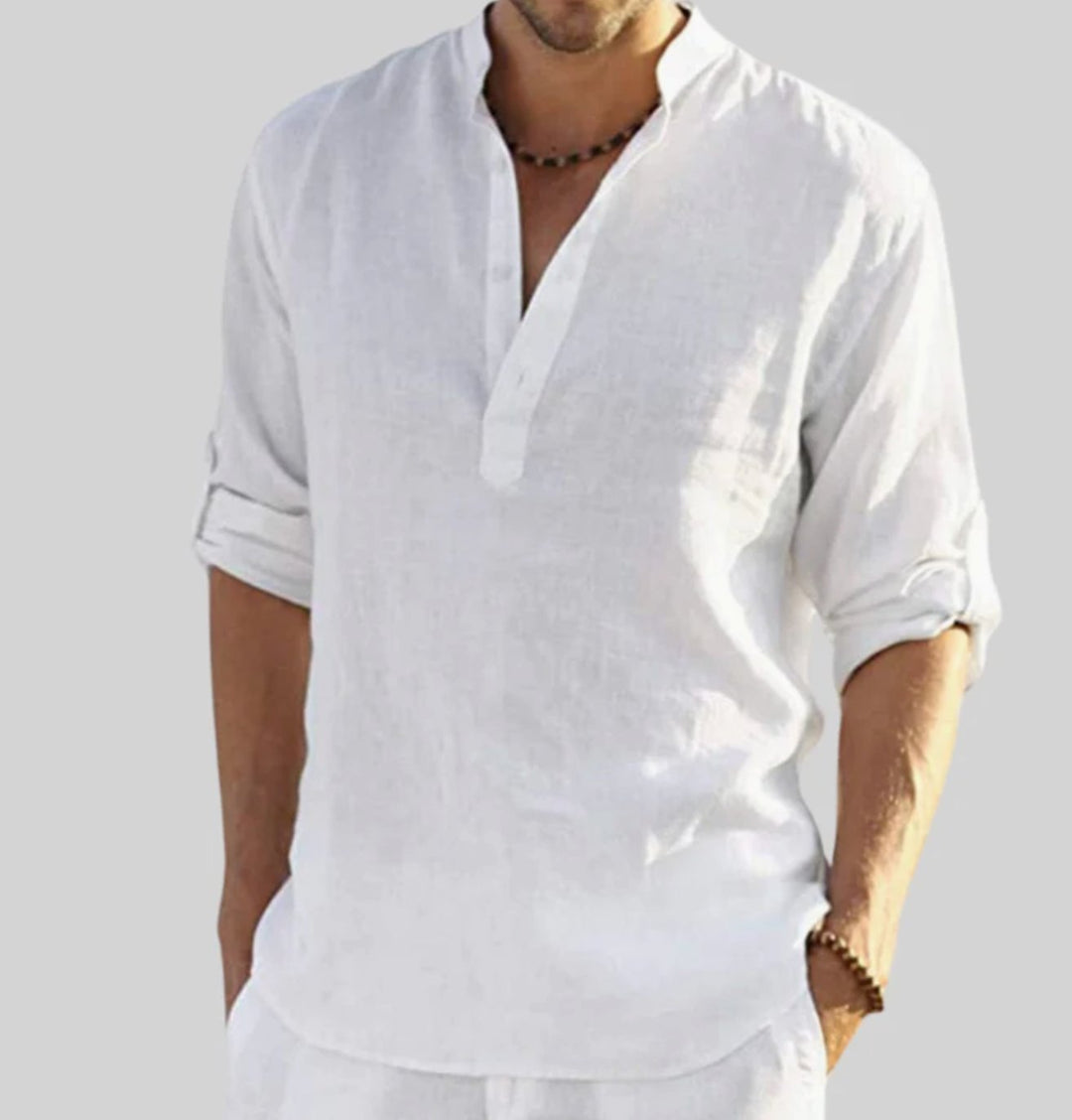 Men's Relaxed-Fit Linen V-Neck Long-Sleeve Henley Shirt