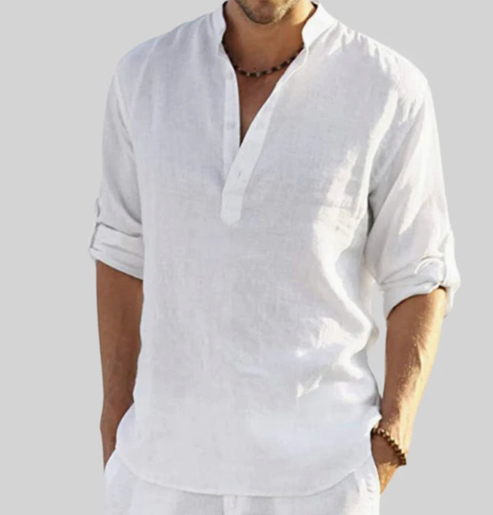 Men's Relaxed-Fit Linen V-Neck Long-Sleeve Henley Shirt