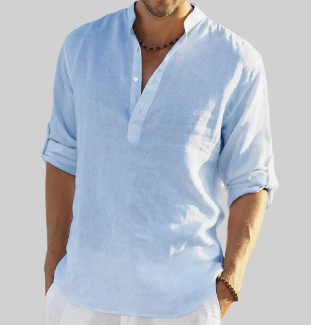 Men's Relaxed-Fit Linen V-Neck Long-Sleeve Henley Shirt - Light Blue