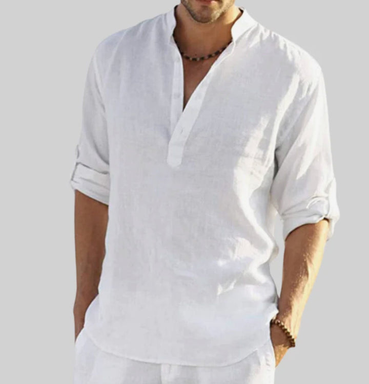 Men's Relaxed-Fit Linen V-Neck Long-Sleeve Henley Shirt - White
