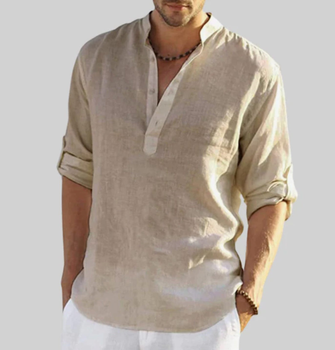 Men's Relaxed-Fit Linen V-Neck Long-Sleeve Henley Shirt - Beige