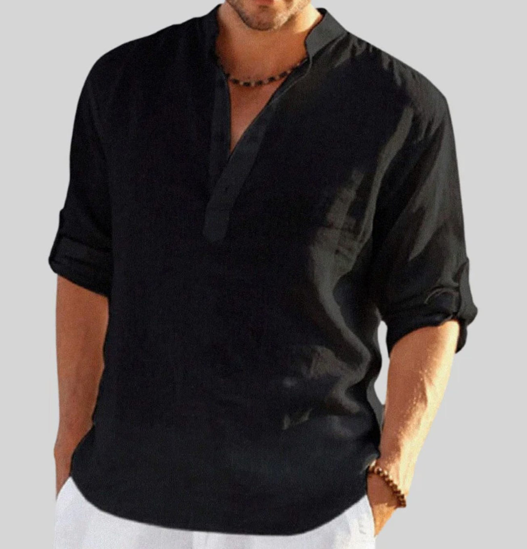 Men's Relaxed-Fit Linen V-Neck Long-Sleeve Henley Shirt - Black