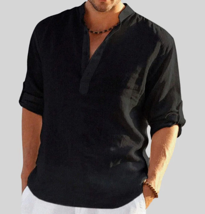 Men's Relaxed-Fit Linen V-Neck Long-Sleeve Henley Shirt - Black