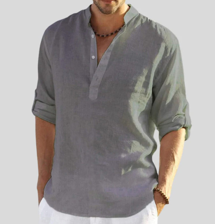 Men's Relaxed-Fit Linen V-Neck Long-Sleeve Henley Shirt - Grey