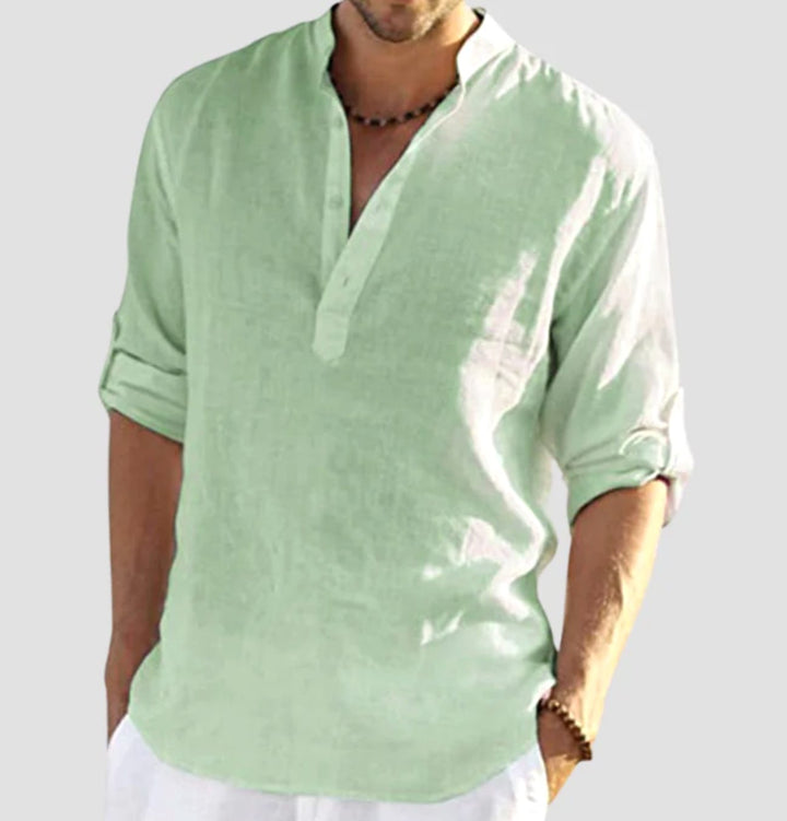 Men's Relaxed-Fit Linen V-Neck Long-Sleeve Henley Shirt - Light Green