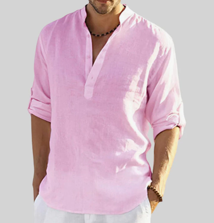 Men's Relaxed-Fit Linen V-Neck Long-Sleeve Henley Shirt - Pink