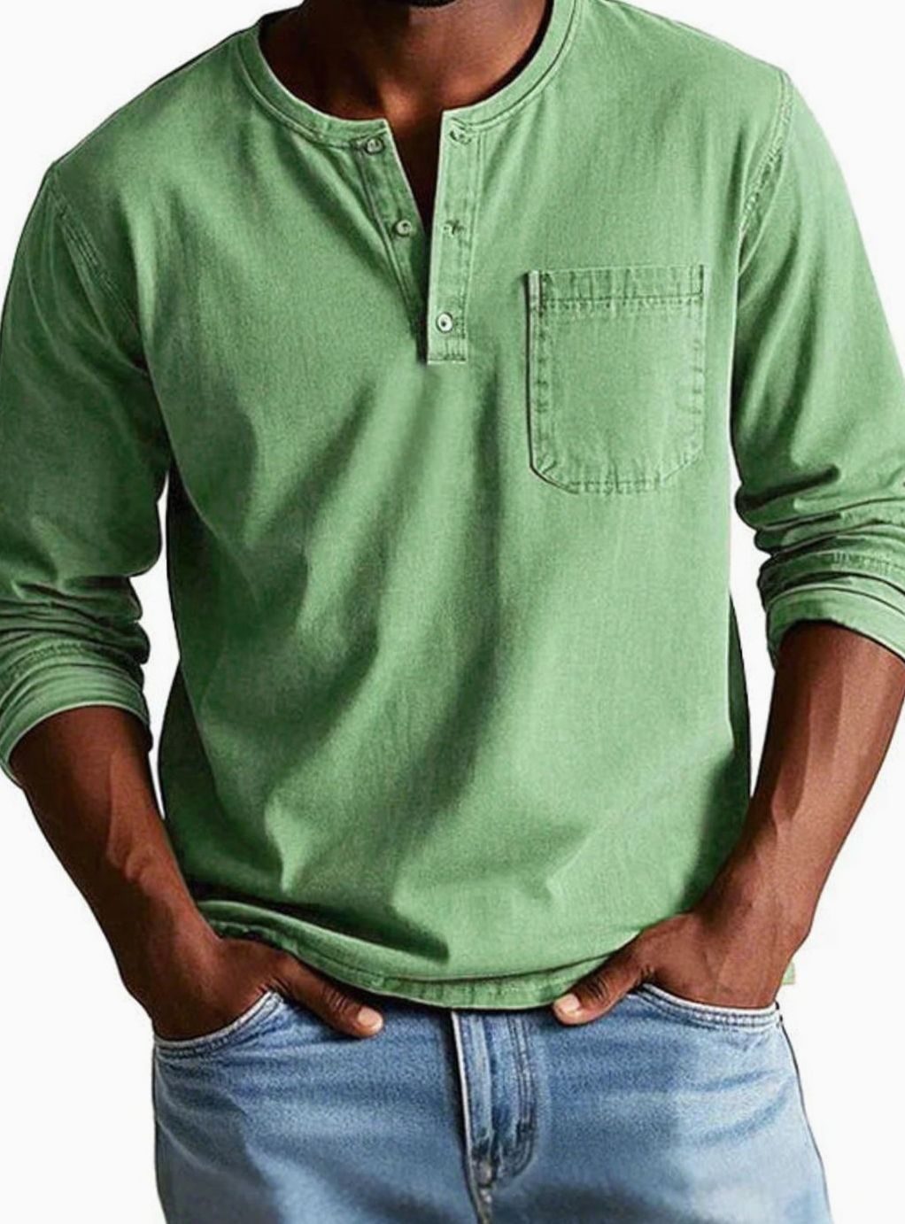 Men's Relaxed-Fit Long-Sleeve Henley Shirt Chest Pocket, Green - Green