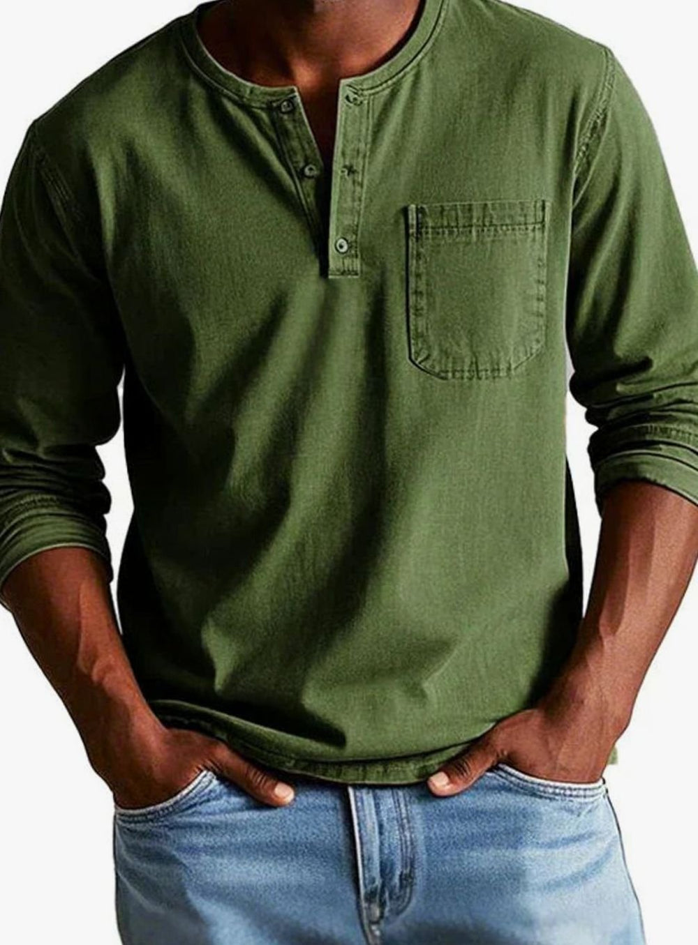 Men's Relaxed-Fit Long-Sleeve Henley Shirt Chest Pocket, Green - Army Green