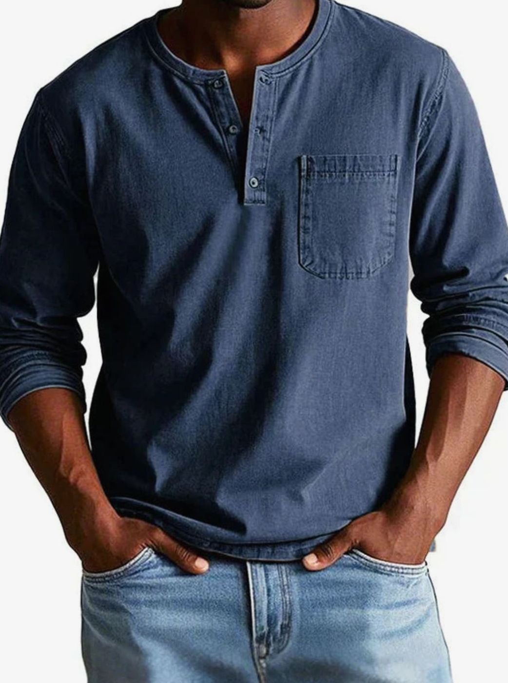 Men's Relaxed-Fit Long-Sleeve Henley Shirt Chest Pocket, Green - Navy Blue