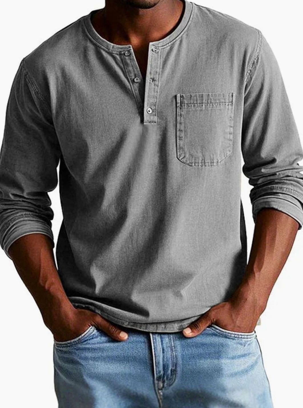Men's Relaxed-Fit Long-Sleeve Henley Shirt Chest Pocket, Green - Grey