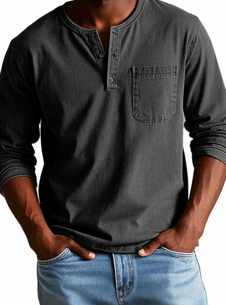 Men's Relaxed-Fit Long-Sleeve Henley Shirt Chest Pocket, Green - Black