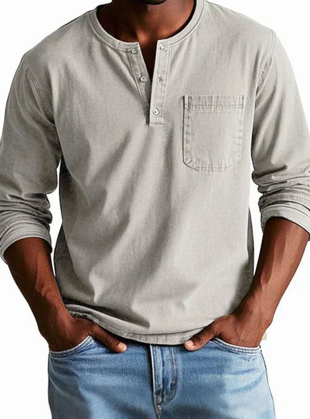 Men's Relaxed-Fit Long-Sleeve Henley Shirt Chest Pocket, Green - Beige