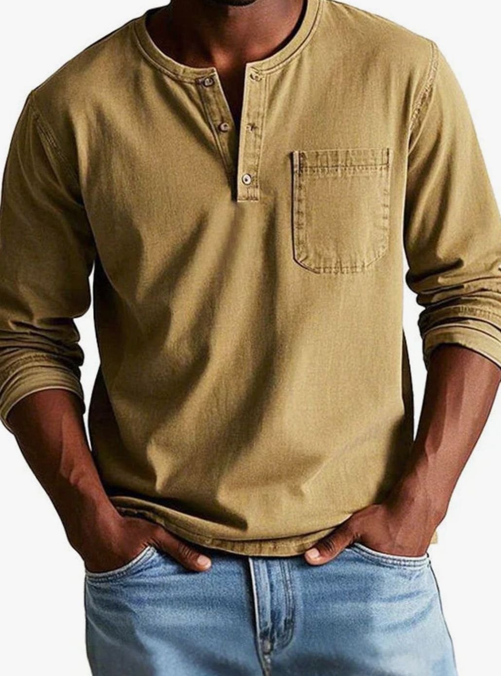Men's Relaxed-Fit Long-Sleeve Henley Shirt Chest Pocket, Green - Khaki