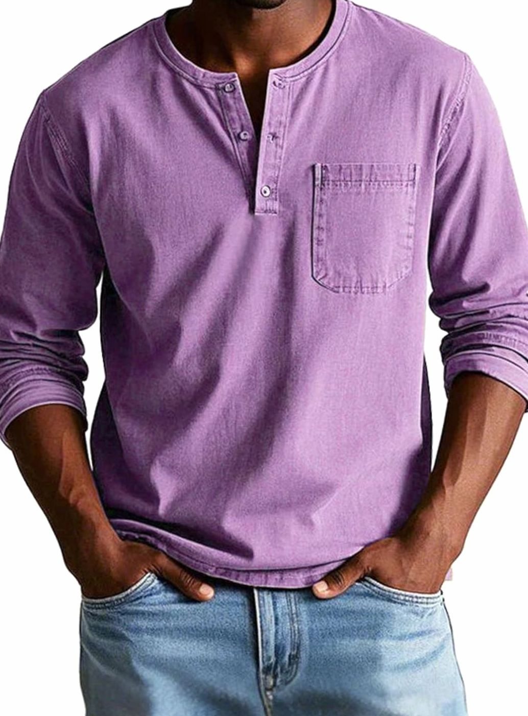 Men's Relaxed-Fit Long-Sleeve Henley Shirt Chest Pocket, Green - Purple