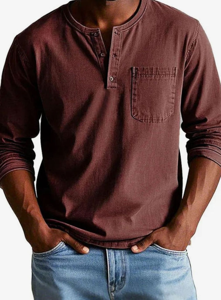 Men's Relaxed-Fit Long-Sleeve Henley Shirt Chest Pocket, Green - Red